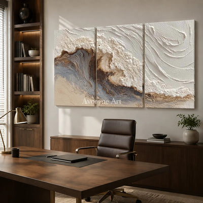 Tide in Three: Neutral Sculptural Wave Triptych Wall Art — office frameless