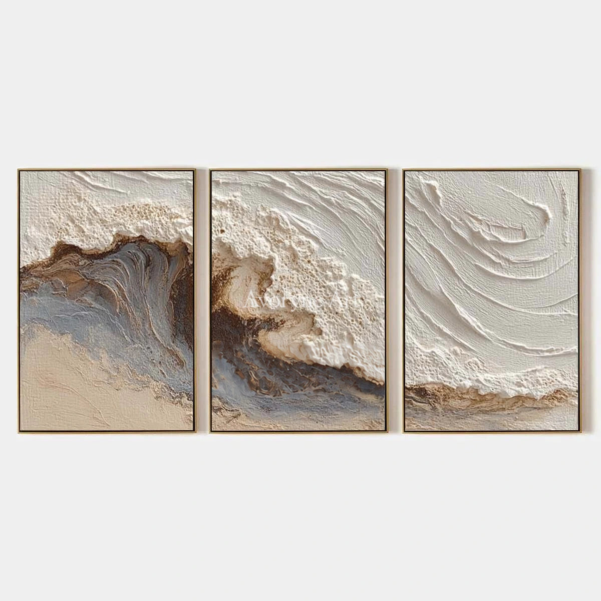 Tide in Three: Neutral Sculptural Wave Triptych Wall Art — primary