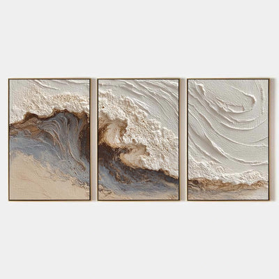 Tide in Three: Neutral Sculptural Wave Triptych Wall Art — primary