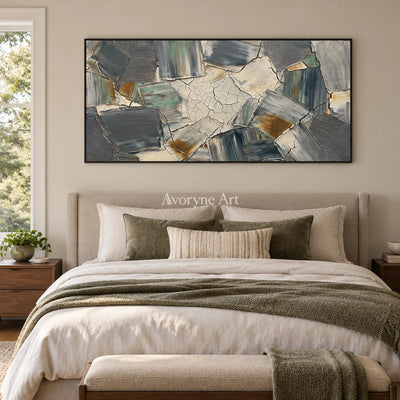 Mineral Gesture neutral texture mosaic wall art with a black frame above a bed in a bedroom
