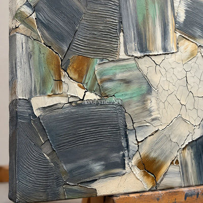 Close-up of the hand-painted texture of Mineral Gesture neutral texture mosaic wall art on an easel