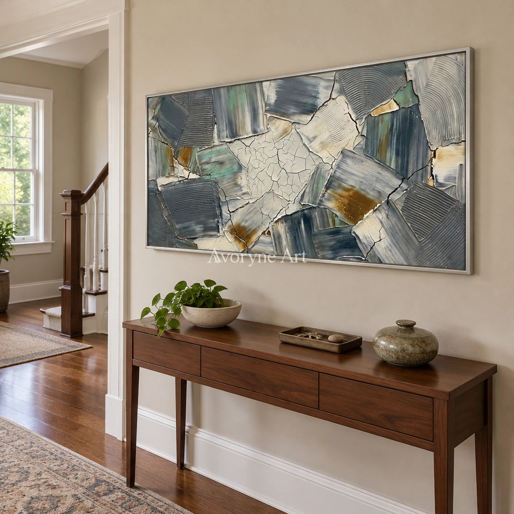 Mineral Gesture neutral texture mosaic wall art with a silver frame in an entryway