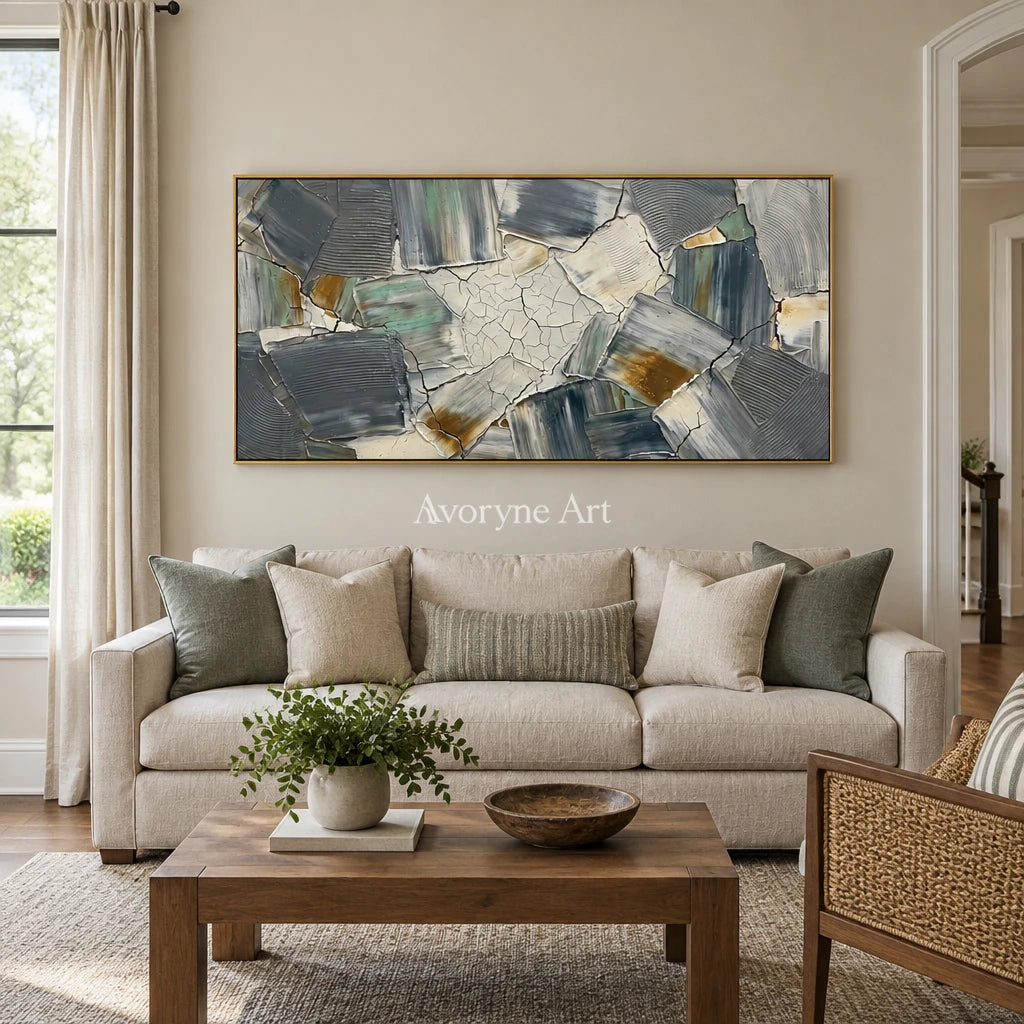 Mineral Gesture neutral texture mosaic wall art with a gold frame hanging in a living room