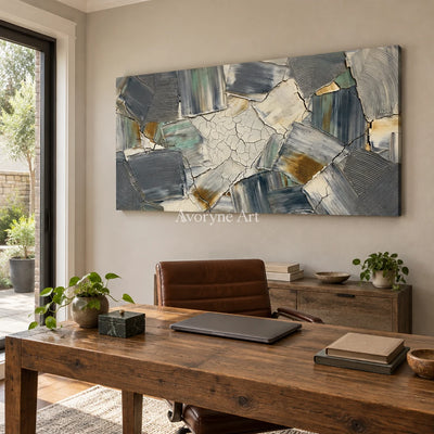 Mineral Gesture neutral texture mosaic wall art as a frameless stretched canvas in a home office