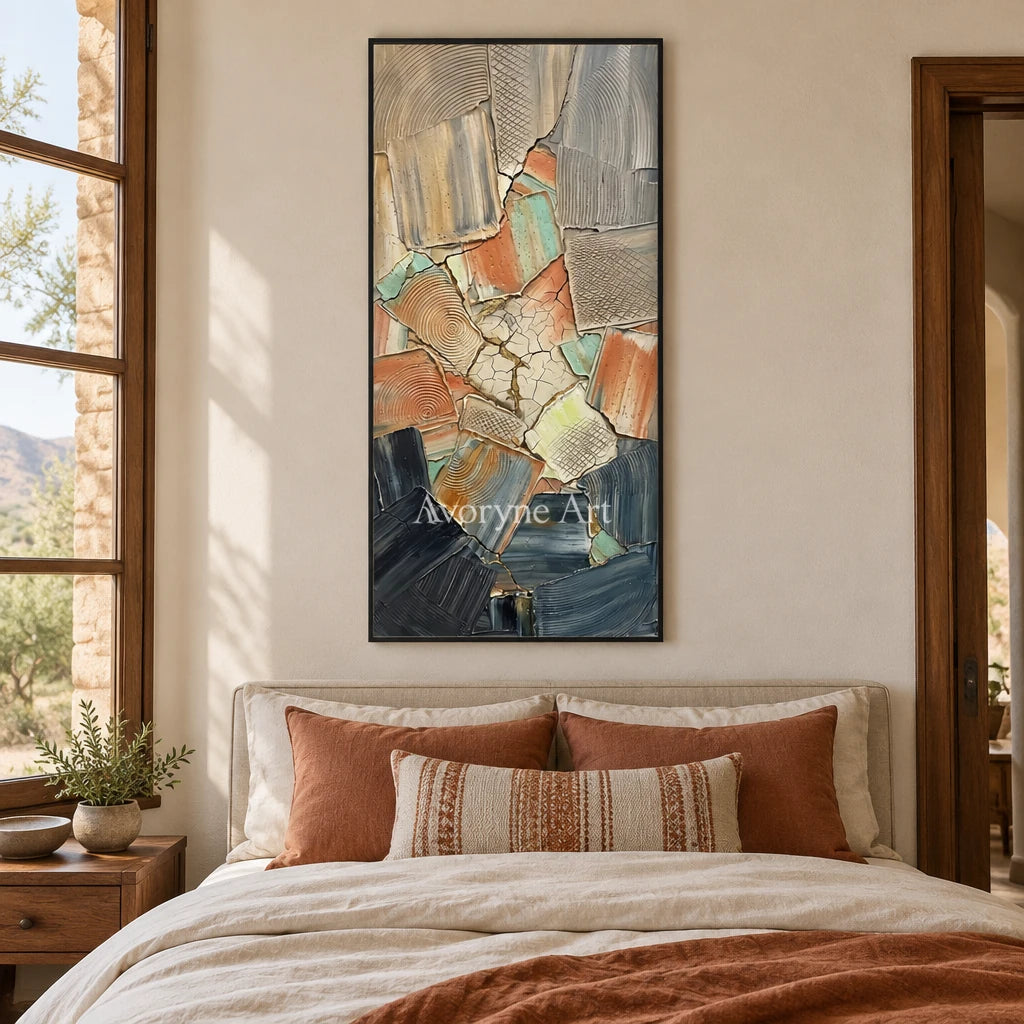 Still Haven neutral texture mosaic wall art with a black frame above a bed in a bedroom