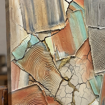 Close-up of the hand-painted texture of Still Haven neutral texture mosaic wall art on an easel