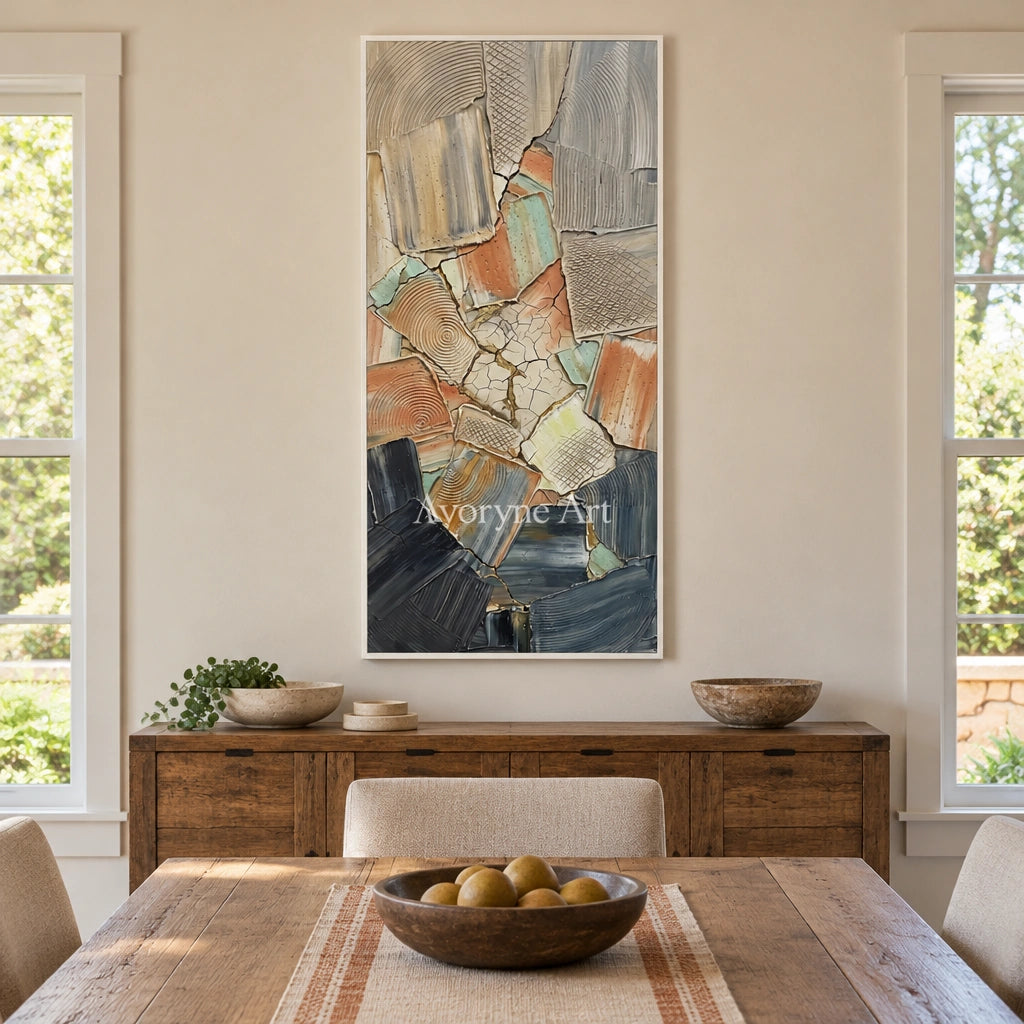 Still Haven neutral texture mosaic wall art with a white frame in a dining room