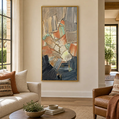Still Haven neutral texture mosaic wall art with a gold frame hanging in a living room