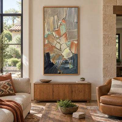 Still Haven neutral texture mosaic wall art with a wood frame in a villa living space