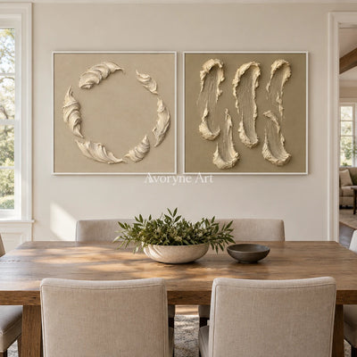 Crescent Pair: Neutral Textured Diptych Art — dining white