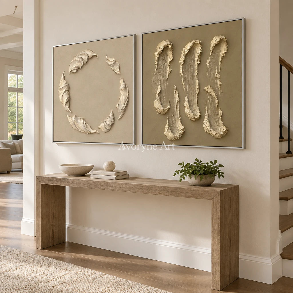 Crescent Pair: Neutral Textured Diptych Art — entry silver
