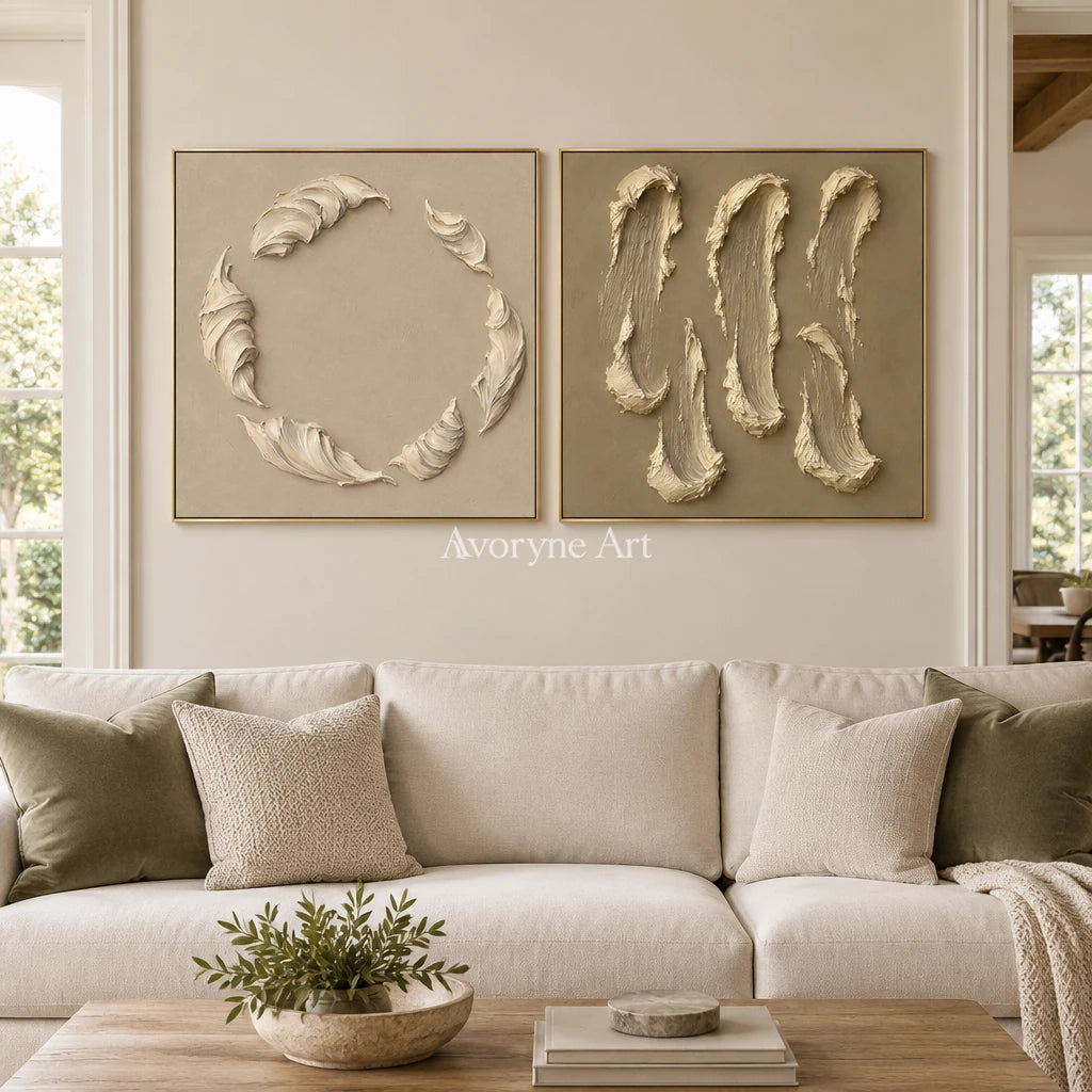 Crescent Pair: Neutral Textured Diptych Art — living gold