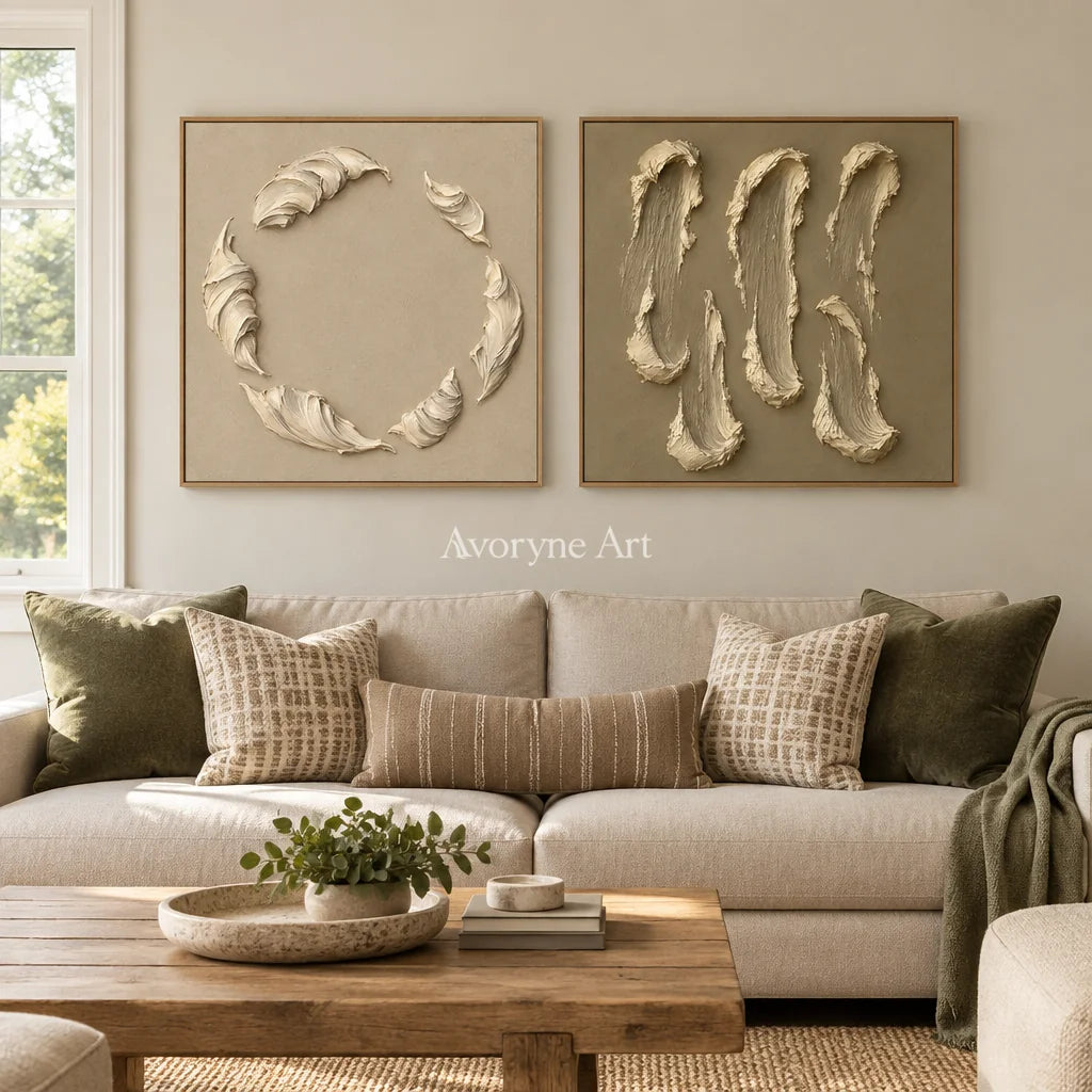 Crescent Pair: Neutral Textured Diptych Art — villa wood