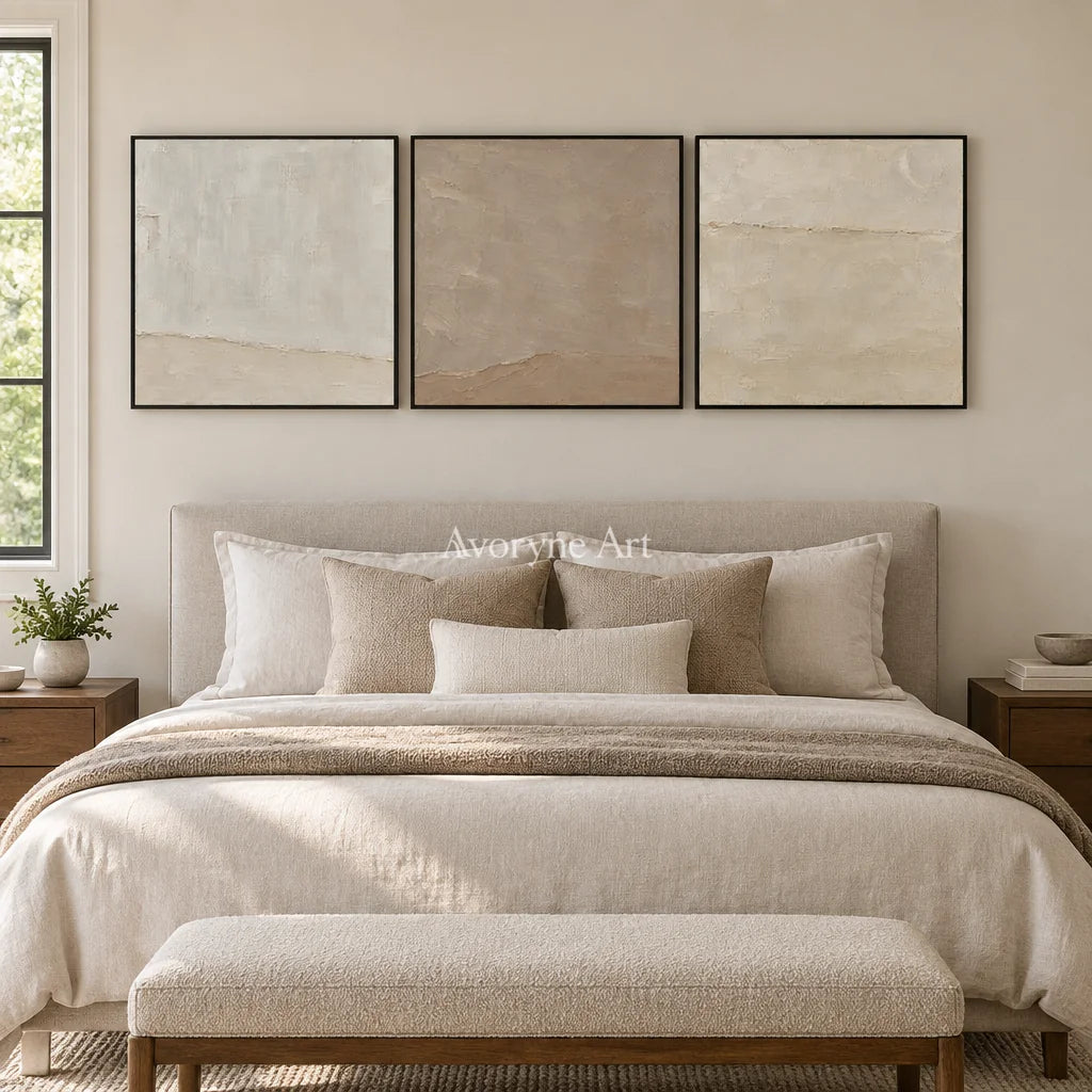 Serein Quiet Strata: Neutral Textured Triptych Art — bedroom black