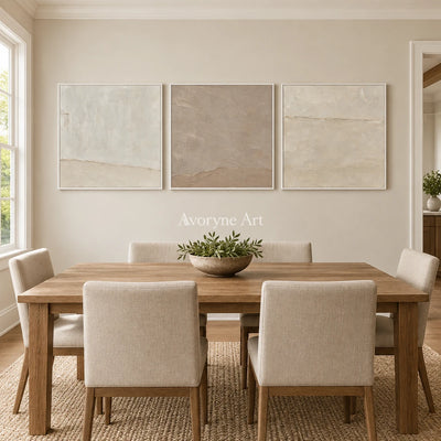Serein Quiet Strata: Neutral Textured Triptych Art — dining white