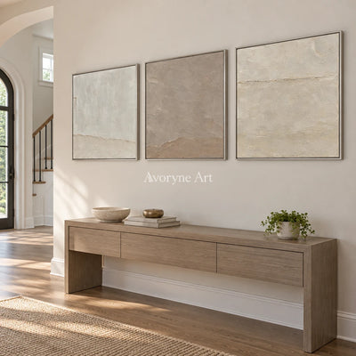 Serein Quiet Strata: Neutral Textured Triptych Art — entry silver