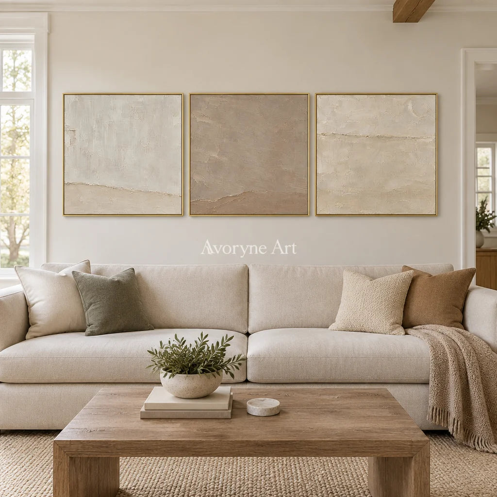 Serein Quiet Strata: Neutral Textured Triptych Art — living gold