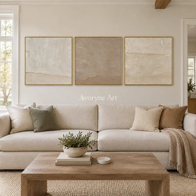 Serein Quiet Strata: Neutral Textured Triptych Art — living gold