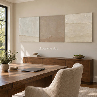 Serein Quiet Strata: Neutral Textured Triptych Art — office frameless