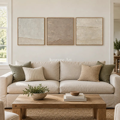 Serein Quiet Strata: Neutral Textured Triptych Art — villa wood