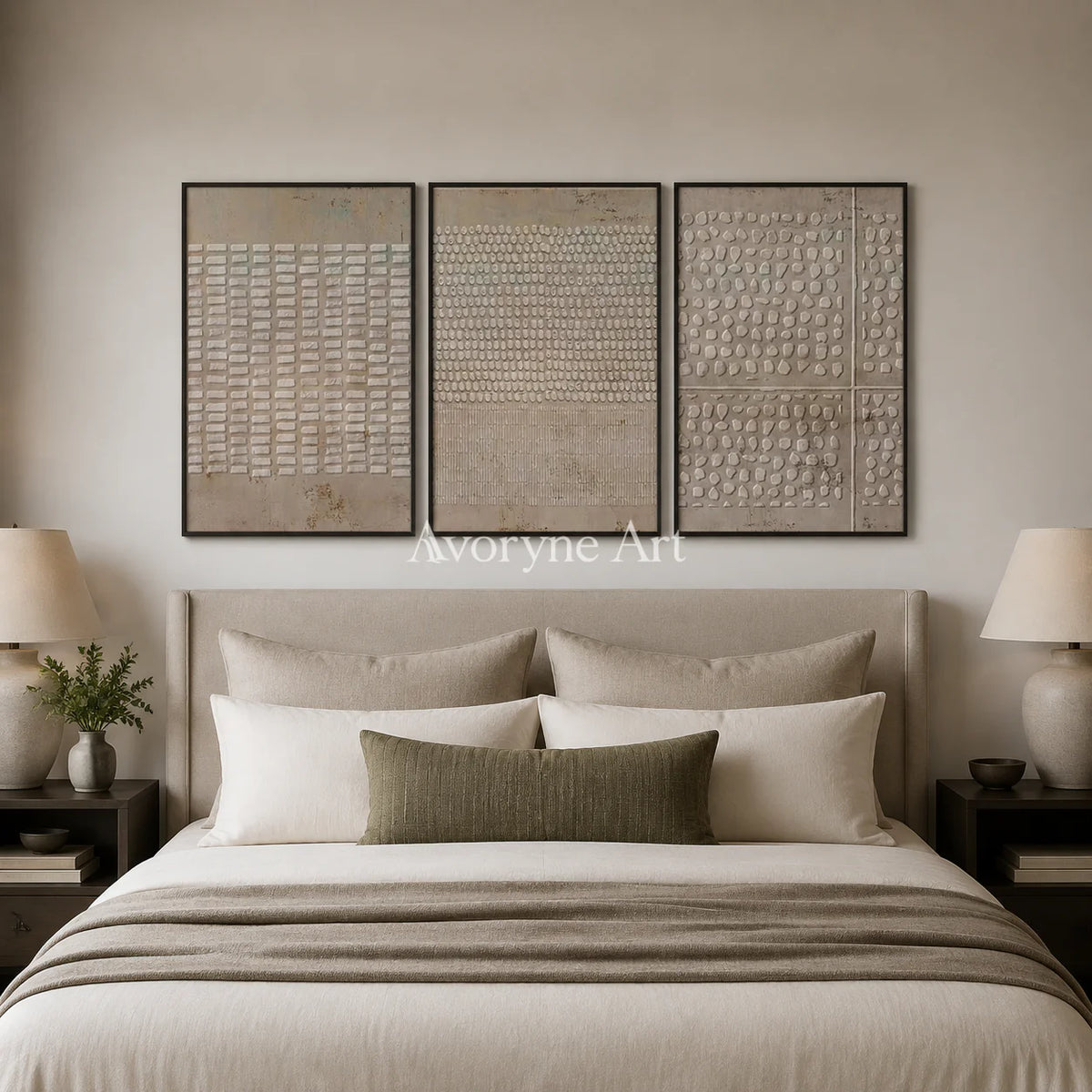 Archive of Earth: Neutral Textured Triptych Wall Art - bedroom black frame