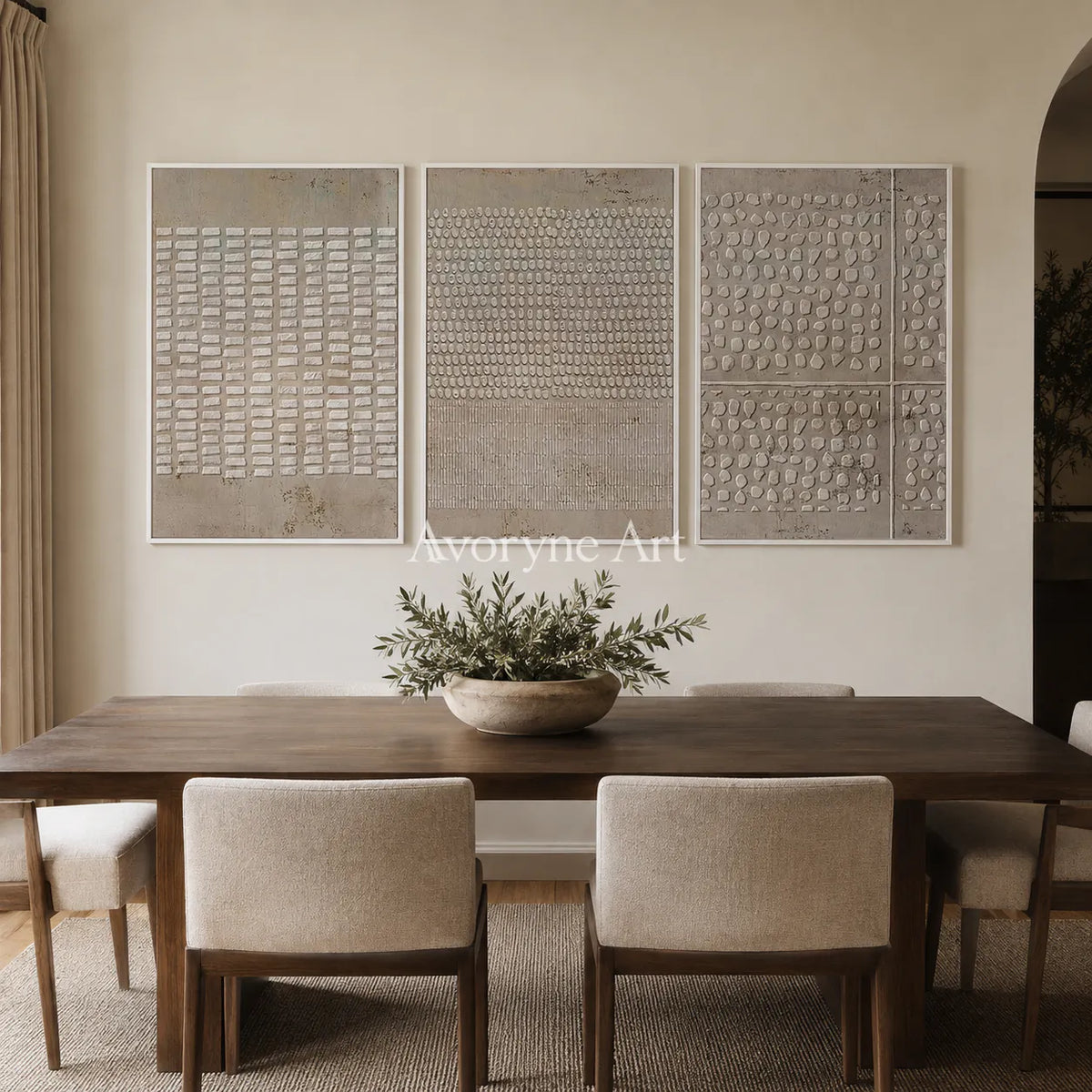 Archive of Earth: Neutral Textured Triptych Wall Art - dining room white frame