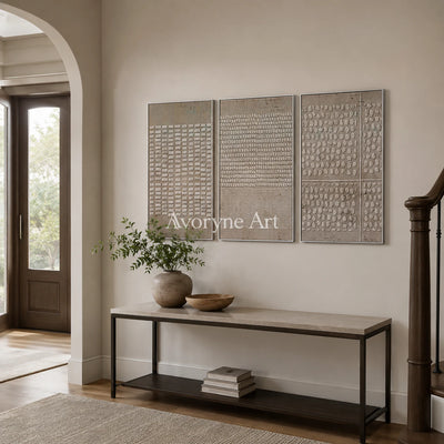 Archive of Earth: Neutral Textured Triptych Wall Art - entryway silver frame