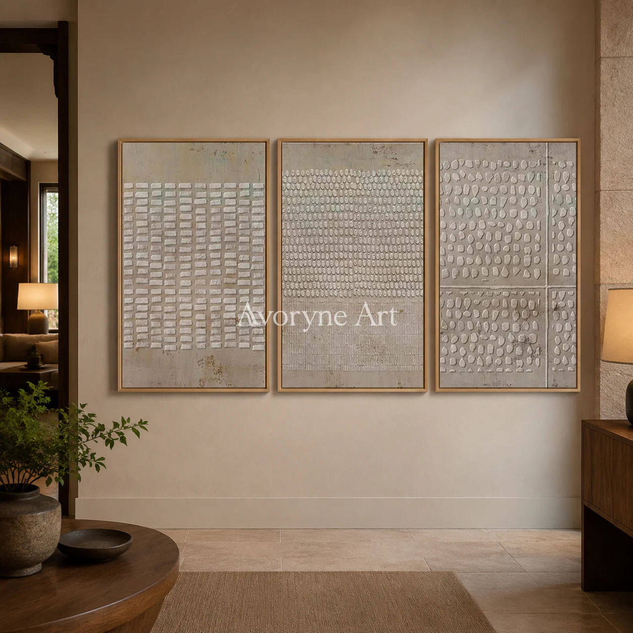 Archive of Earth: Neutral Textured Triptych Wall Art - hotel wood frame