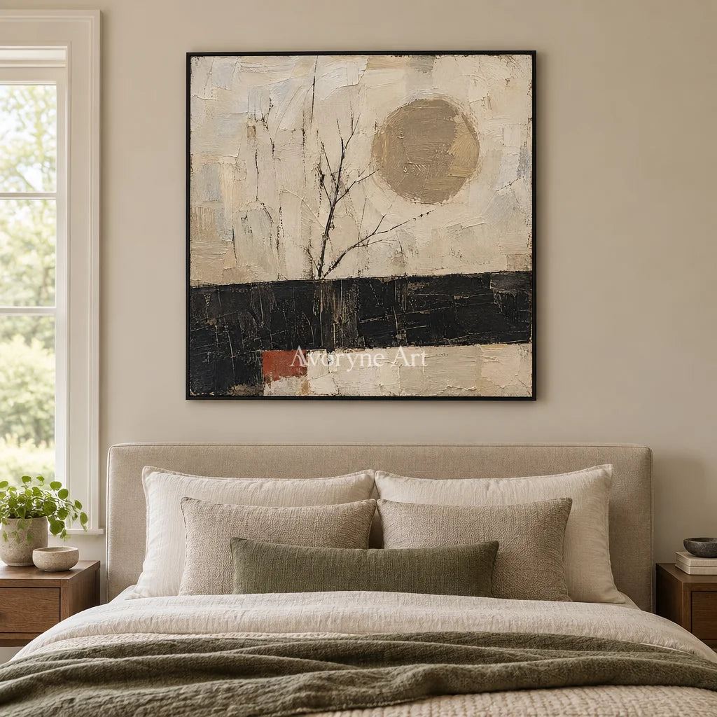 Branch and Sol: Neutral Tree and Sun Wall Art — bedroom black