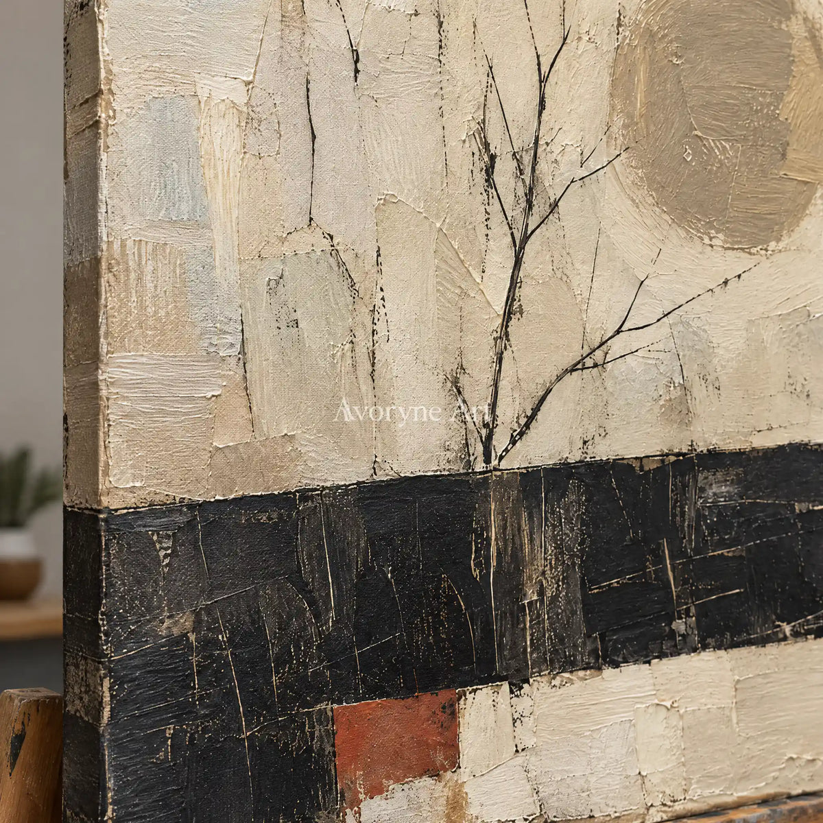 Branch and Sol: Neutral Tree and Sun Wall Art — detail easel