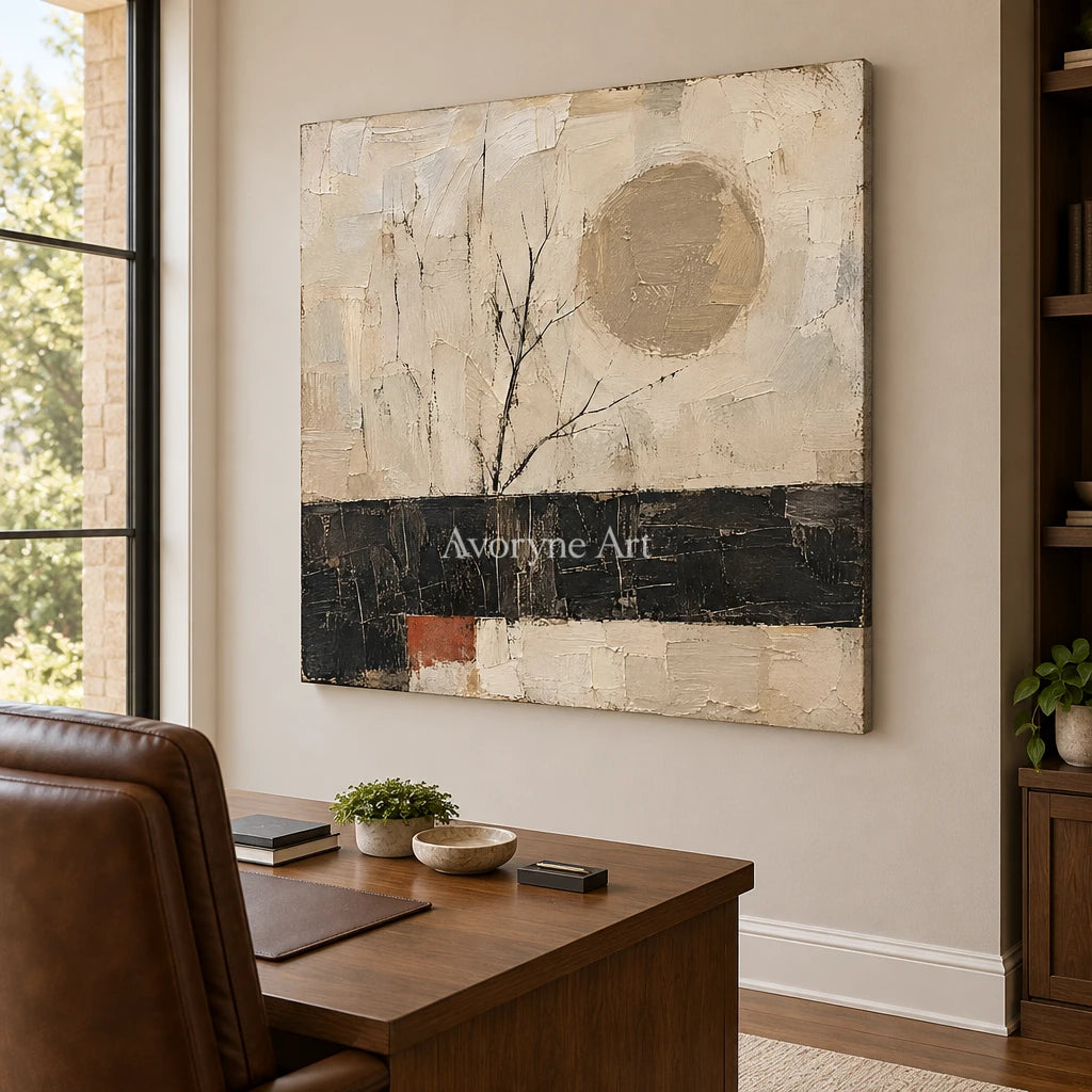 Branch and Sol: Neutral Tree and Sun Wall Art — office frameless