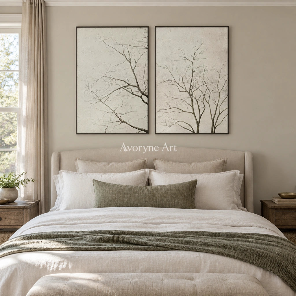 Muted Drift neutral tree texture diptych with a black frame above a bed in a bedroom