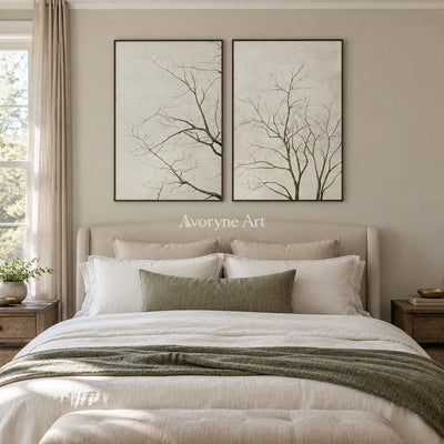 Muted Drift neutral tree texture diptych with a black frame above a bed in a bedroom