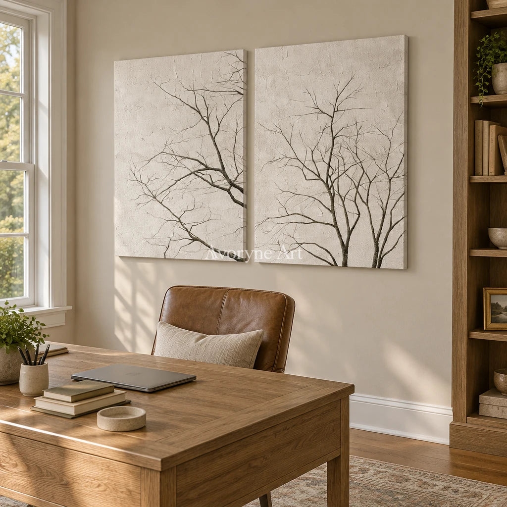 Muted Drift neutral tree texture diptych as a frameless stretched canvas in a home office