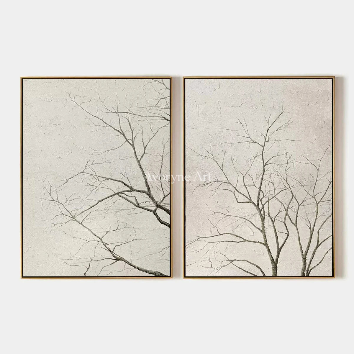 Muted Drift, hand-painted neutral tree texture diptych by Chen Wei