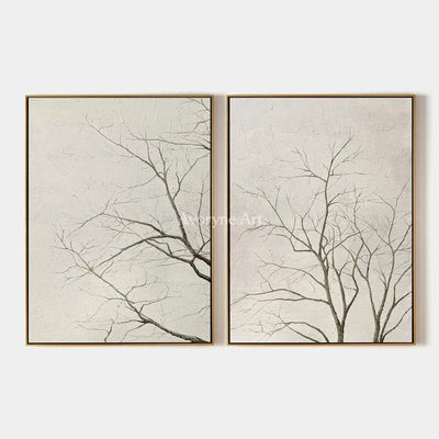 Muted Drift, hand-painted neutral tree texture diptych by Chen Wei