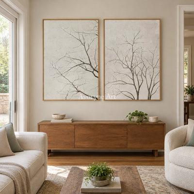 Muted Drift neutral tree texture diptych with a wood frame in a villa living space
