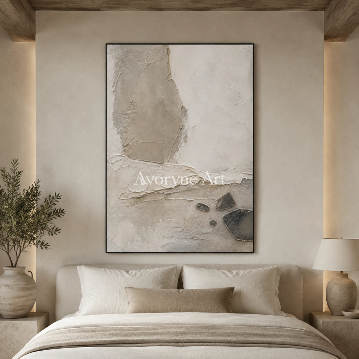 Stone Horizon: Neutral Wabi-Sabi Textured Wall Art - bedroom black frame