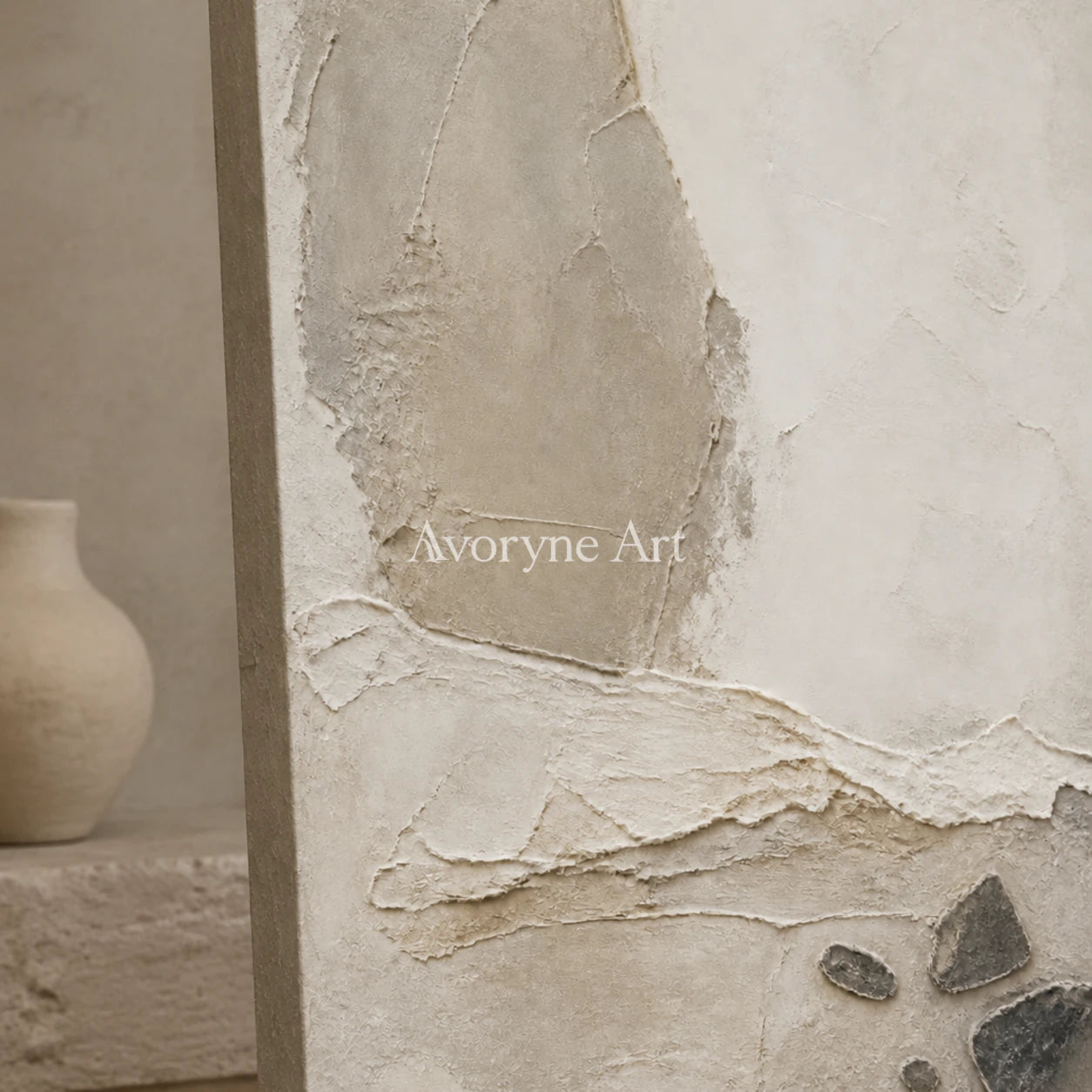 Stone Horizon: Neutral Wabi-Sabi Textured Wall Art - detail