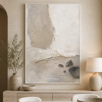 Stone Horizon: Neutral Wabi-Sabi Textured Wall Art - dining room white frame