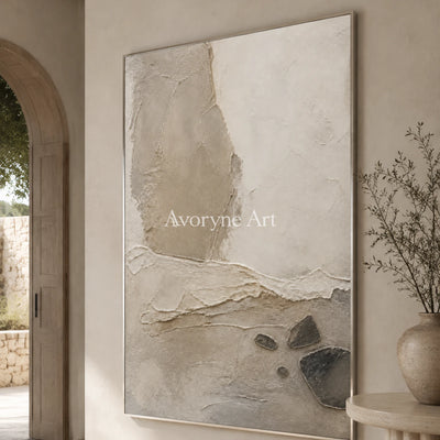 Stone Horizon: Neutral Wabi-Sabi Textured Wall Art - entryway silver frame