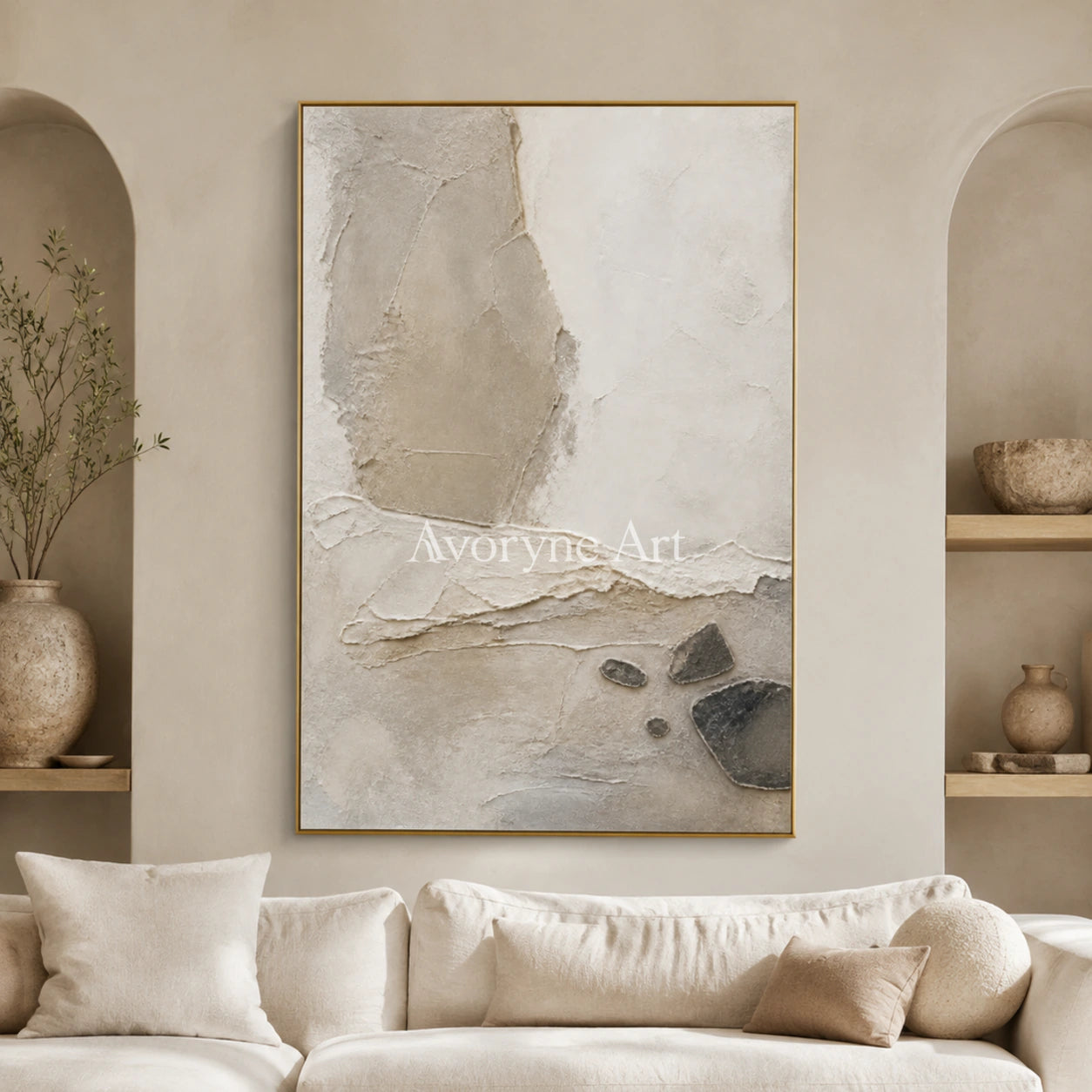 Stone Horizon: Neutral Wabi-Sabi Textured Wall Art - living room gold frame