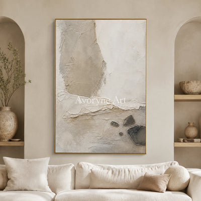 Stone Horizon: Neutral Wabi-Sabi Textured Wall Art - living room gold frame