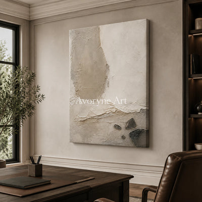 Stone Horizon: Neutral Wabi-Sabi Textured Wall Art - office frameless