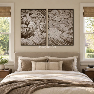 Muted Interval neutral wave relief diptych with a black frame above a bed in a bedroom