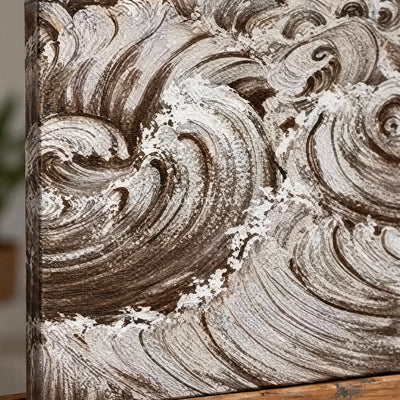 Close-up of the hand-painted texture of Muted Interval neutral wave relief diptych on an easel