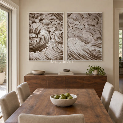 Muted Interval neutral wave relief diptych with a white frame in a dining room