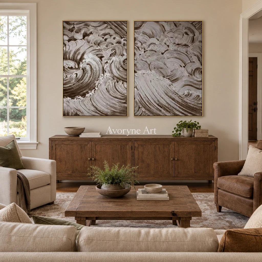 Muted Interval neutral wave relief diptych with a gold frame hanging in a living room