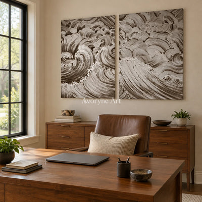Muted Interval neutral wave relief diptych as a frameless stretched canvas in a home office