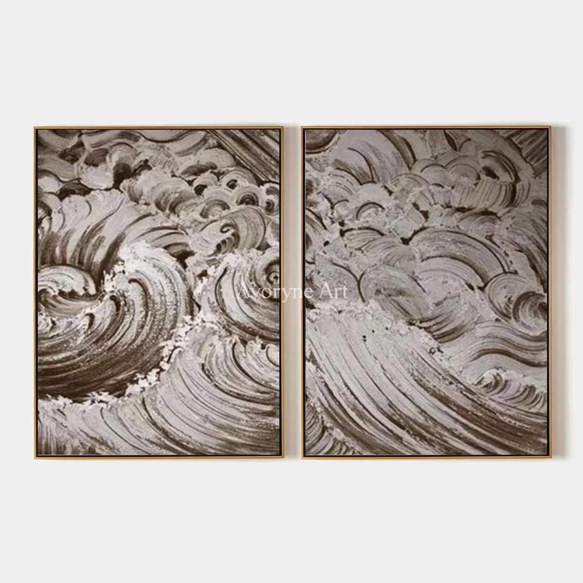 Muted Interval, hand-painted neutral wave relief diptych by Rafael Duarte